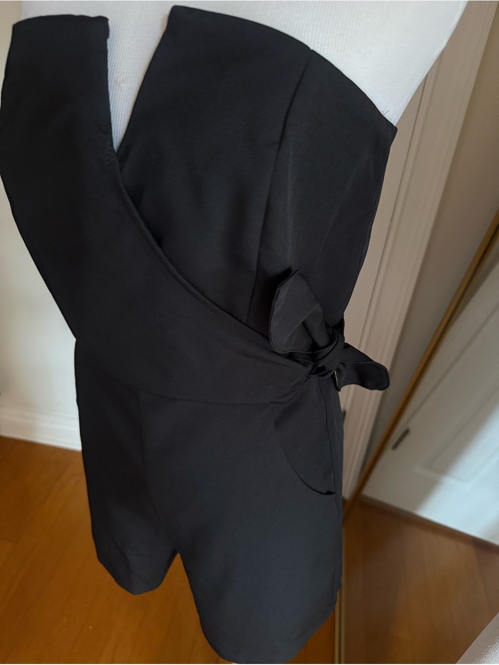 She + Sky Black Tailored shorts romper in size medium with cute side tie! - Picture 4 of 6